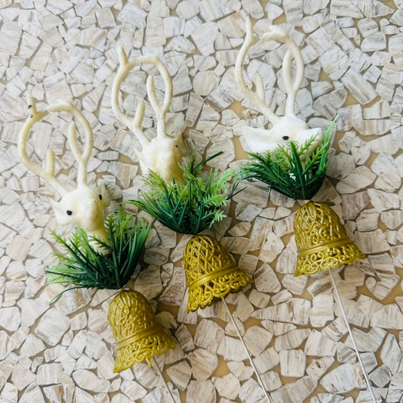 Vintage 70s Deer and bell Christmas Picks Ornaments - Picture 5 of 6